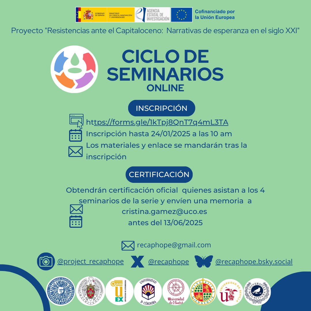 recaphope's tweet photo. 📆We are launching our online seminar series next week! ➡️Swipe for information about free registration and certificates.
🍃Link to register:https://t.co/Zohbr31BF7
#capitalocene #resitance #hope https://t.co/Iqhr9TpmU4