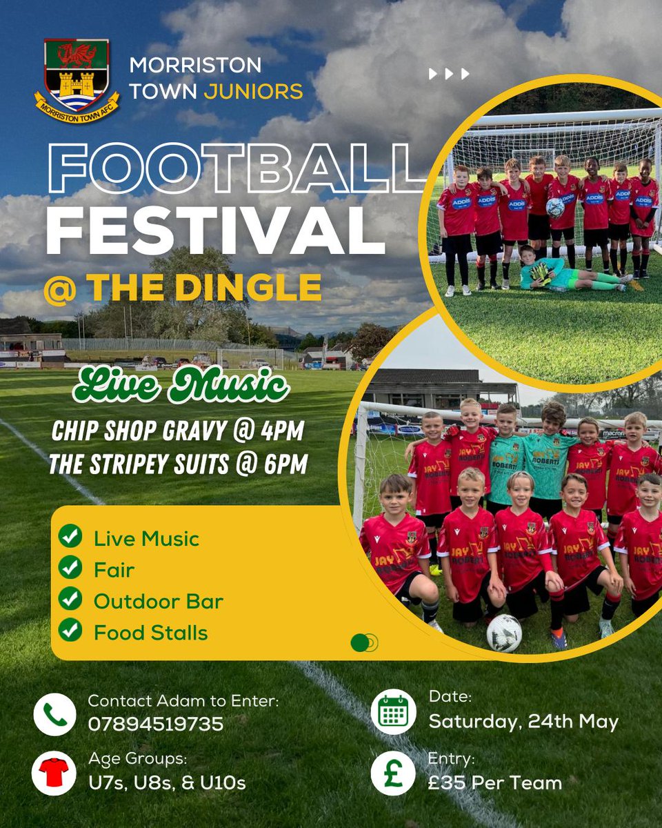 Morriston_Town's tweet photo. Our MTFC junior football festival will be taking place this year on the 24th &amp; 25th May at our newly renovated clubhouse &amp; ground. 

Our festival spans across 6 age groups  and is hugely popular with children and adults 

Please ensure you message either Adam or Ross to join 🔴⚫ https://t.co/k9KlF4SOmC