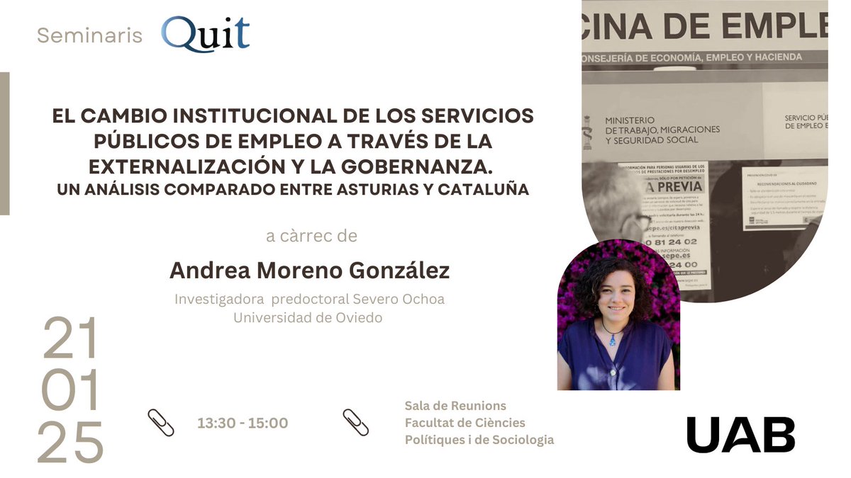 🟠Primera sessió dels #SeminarisQUIT d'aquest 2025 a càrrec d'Andrea Moreno (<a href="/EsbillaS/">Andrea Moreno</a>), investigadora pre-doctoral Severo Ochoa de la <a href="/UniOviedo/">University of Oviedo</a>.
  
📅 21/01/25
🕜 13:30h
📍 Sala de Reunions Facultat CCPP i Sociologia

Us esperem!