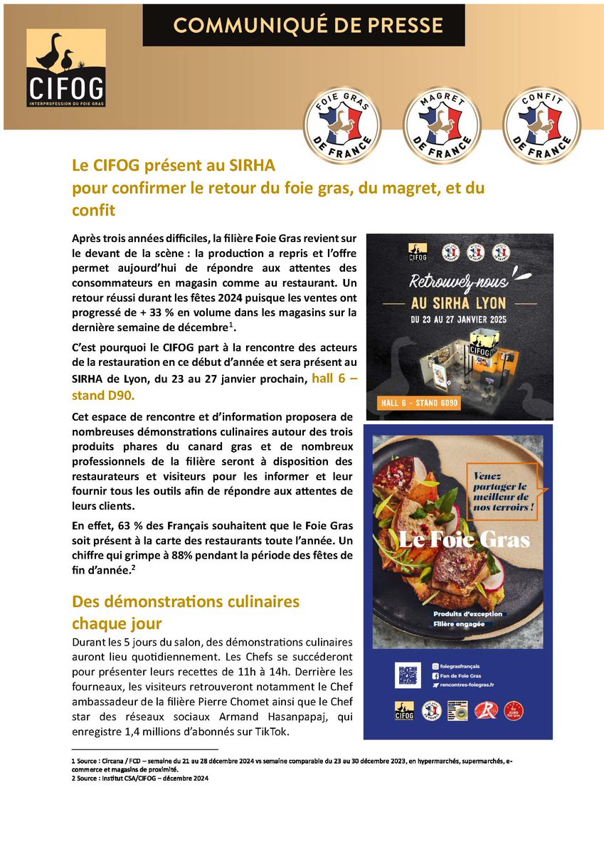 filierefoiegras's tweet photo. Le CIFOG sera présent au SIRHA de Lyon du 23 au 27 janvier pour confirmer le retour du #FoieGras, Magret, et Confit ! 
Rendez-vous 📍 Hall 6 - Stand D90 pour redécouvrir ces produits emblématiques de la #gastronomie française
En savoir plus : https://t.co/1NV7r089Ly #SIRHA2025 🍽️ https://t.co/hGYuy1CuX0