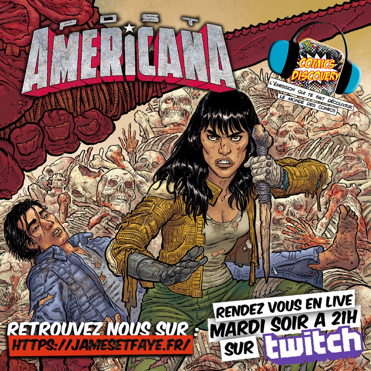 🔥 Ce soir dans ComicsDiscovery ! 🔥
🩸 Cannibalisme, batailles gores, et humour décomplexé sont au menu dans Post Americana de Steve Skroce (le talent derrière les storyboards de Matrix) par <a href="/HiComicsFrance/">HiComics</a> 
📅 Rendez-vous ce soir en live à 21h sur twitch.tv/jamesetfaye