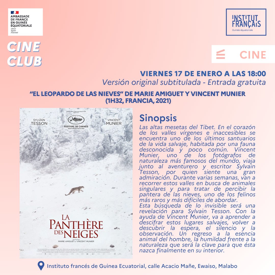 🌍 𝗖𝗜𝗡𝗘 𝗖𝗟𝗨𝗕 - 𝗟𝗔 𝗣𝗔𝗡𝗧𝗛𝗘̀𝗥𝗘 𝗗𝗘𝗦 𝗡𝗘𝗜𝗚𝗘𝗦 ❄️

📅Viernes, 17 de enero
🕕 18h
Vose. Gratis.

Únete a nosotros para la proyección de «El  leopardo de las nieves» de Marie Amiguet y Vincent Munier (1h32,  Francia, 2021), el viernes 17/01 a las 18:00 h.