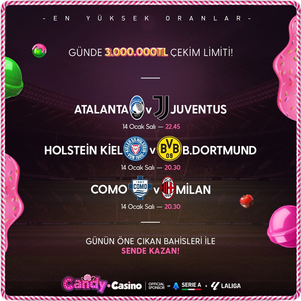 ⚡️ CANDY CASİNO’ DA GÜNÜN MAÇLARI

✅ %10 No Limit Yatırım bonusunu al, limitlere takılmadan maç keyfini yaşa ❕

➡️ 3.000.000 TL günlük çekim imkanı ile kazancınız CandyCasino’ da her zaman güvende 

✔️ Betconstruct Altyapısındaki En Yüksek Oranlar Şimdi CandyCasino’ da