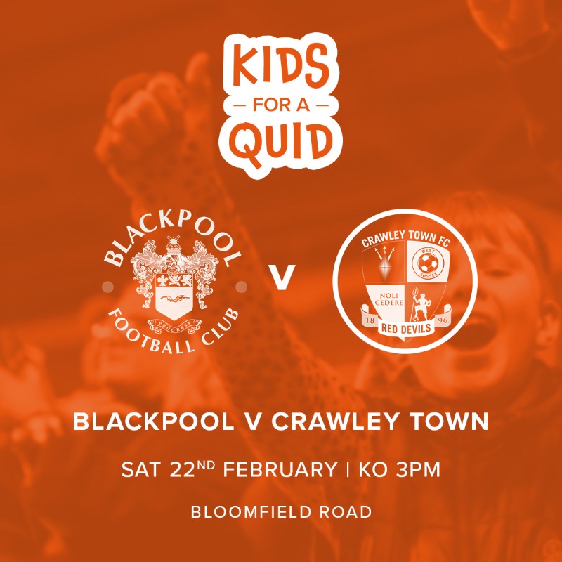 BlackpoolFC's tweet photo. 🎟️ Tickets for our home fixture against @crawleytown are now on sale, with a kids for a quid offer available for the match on 22 February.  Under-18 tickets are also available at a reduced price.  

🍊 #UTMP