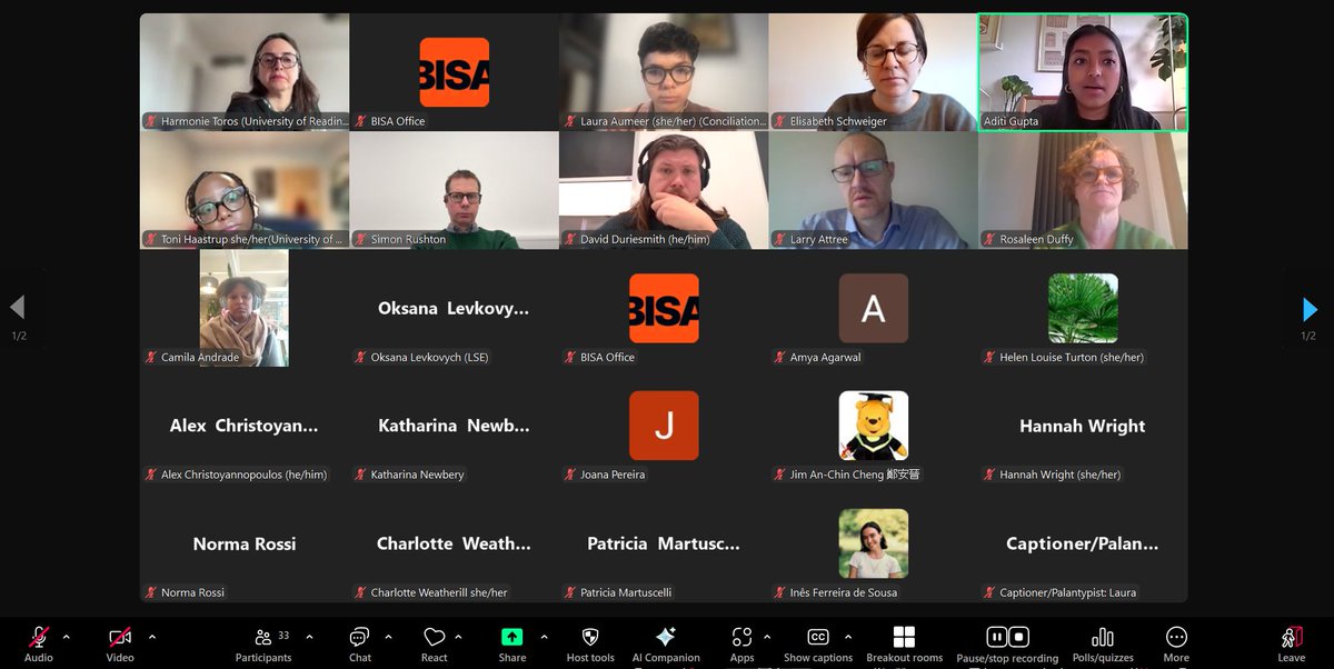 BISA - British International Studies Association (@mybisa) on Twitter photo Day 2 continues with an excellent roundtable: 'Imagining A More Inclusive Security Agenda' chaired by <a href="/EliSchweig/">Elisabeth Schweiger</a>
Featuring discussion with <a href="/HarmonieToros/">Harmonie Toros</a> (<a href="/UoRPolitics/">Uni of Reading Politics and IR Department</a>), Laura Aumeer (<a href="/CRbuildpeace/">Conciliation Resources</a>), @ToniHaastrup (<a href="/OfficialUoM/">The University of Manchester</a>) and <a href="/TeimoryUNA/">Enyseh Teimory</a>
#VirtualBISA2025 Day 2 continues with an excellent roundtable: 'Imagining A More Inclusive Security Agenda' chaired by <a href="/EliSchweig/">Elisabeth Schweiger</a>
Featuring discussion with <a href="/HarmonieToros/">Harmonie Toros</a> (<a href="/UoRPolitics/">Uni of Reading Politics and IR Department</a>), Laura Aumeer (<a href="/CRbuildpeace/">Conciliation Resources</a>), @ToniHaastrup (<a href="/OfficialUoM/">The University of Manchester</a>) and <a href="/TeimoryUNA/">Enyseh Teimory</a>
#VirtualBISA2025