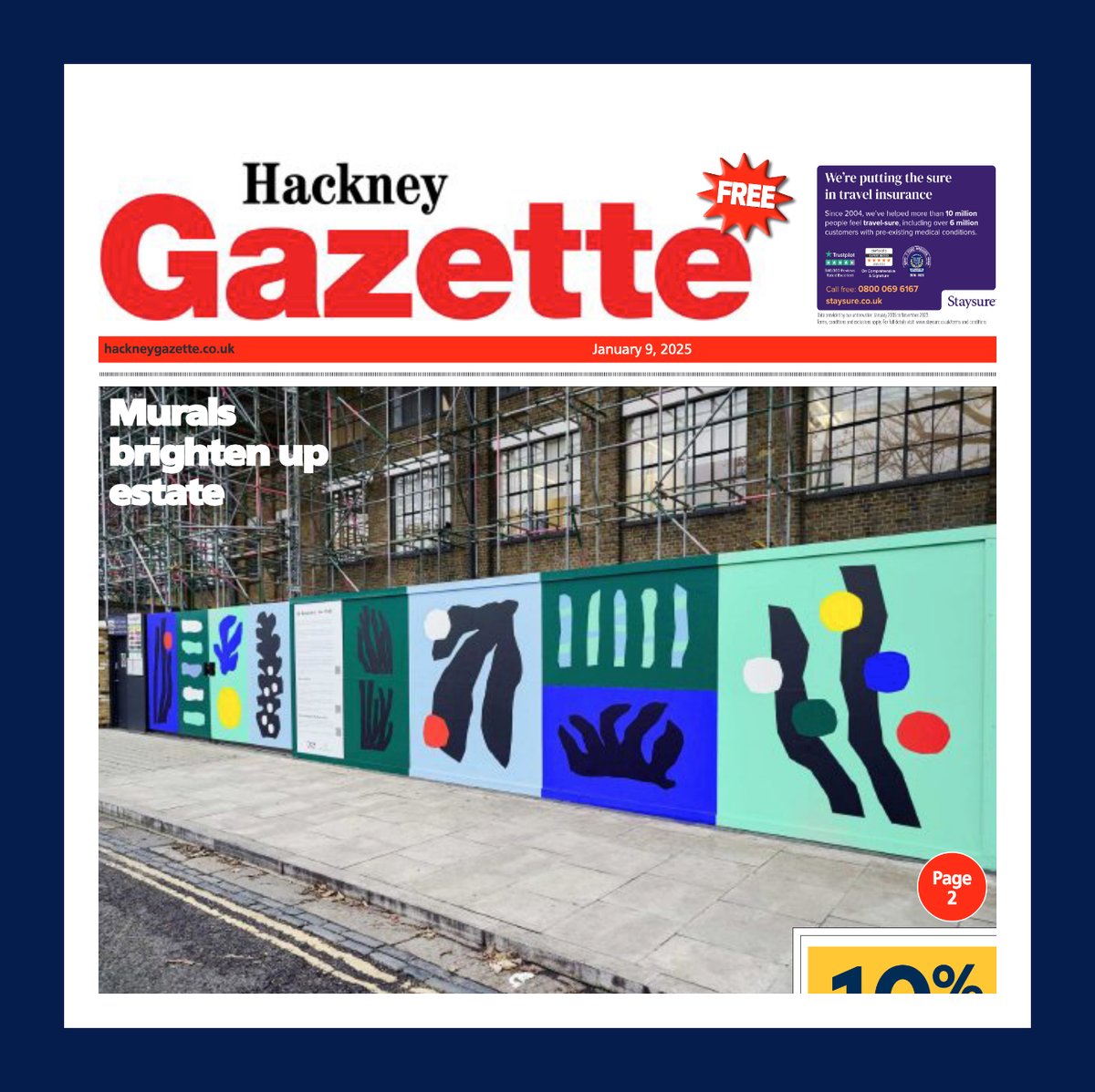 Our hoarding at <a href="/DeBeauvoirBlock/">De Beauvoir Block</a>, featuring beautiful artwork by <a href="/LomCoco/">Coco Lom</a> has made it to the front cover of Hackney Gazette! 🎉 Come and take a look, visit 92-96 De Beauvoir Road and read the story behind the art. #debeauvoirblock #mural lnkd.in/guxJp5eX