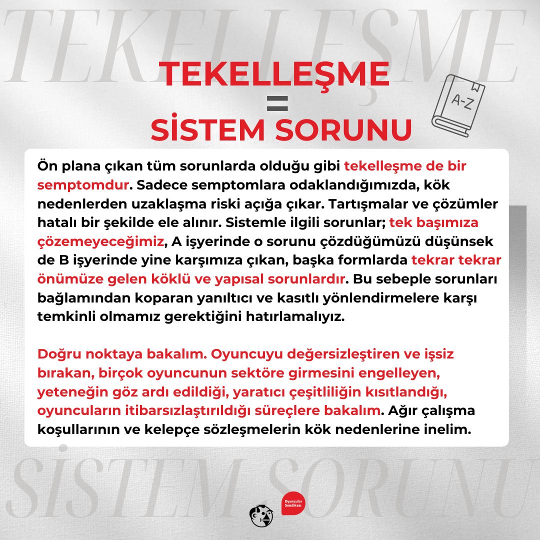Oyuncular Sendikası (@oyuncusendika) on Twitter photo Tekelleşme bir sistem sorunudur. Pek çok sektörde sayısız örneği vardır. Kök nedenler yok sayılarak yapılan her tartışma eksik ve hatalı olacaktır. Bu sebeple sorunları bağlamından koparan yanıltıcı ve kasıtlı yönlendirmelere karşı temkinli olmamız gerektiğini hatırlamalıyız. Tekelleşme bir sistem sorunudur. Pek çok sektörde sayısız örneği vardır. Kök nedenler yok sayılarak yapılan her tartışma eksik ve hatalı olacaktır. Bu sebeple sorunları bağlamından koparan yanıltıcı ve kasıtlı yönlendirmelere karşı temkinli olmamız gerektiğini hatırlamalıyız.