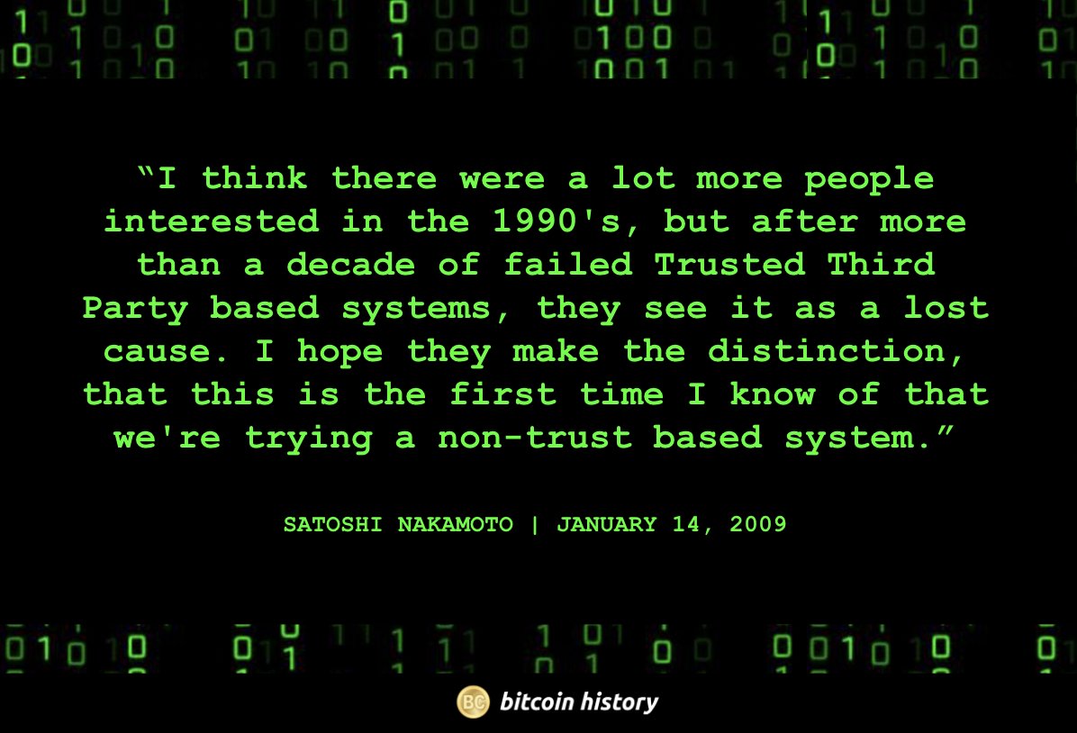 ✨ Satoshi Nakamoto on the promise of #Bitcoin, exactly 16 years ago. True at $0, true today 💫
