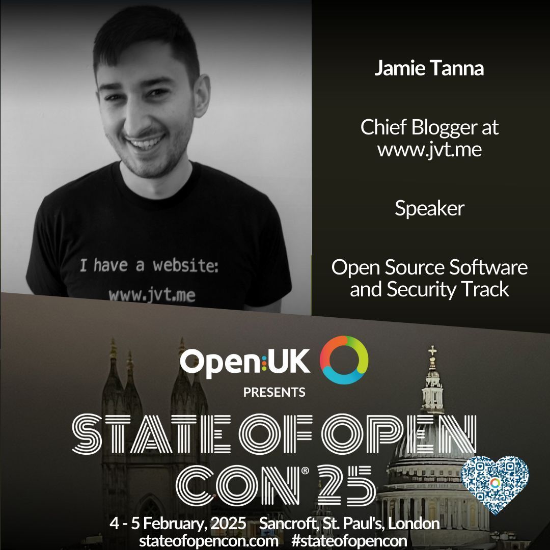 OpenUK (@openuk_uk) on Twitter photo State of Open Con 25 speaker <a href="/JamieTanna/">Jamie Tanna | www.jvt.me</a> of jvt.me will be in our SOOCon25 Open Source Software and Security track! 🎤 Join to hear about I inherited this project, and all I got was all these angry users. 💡🌐 📆 Check out the full schedule on 4 and 5 February in State of Open Con 25 speaker <a href="/JamieTanna/">Jamie Tanna | www.jvt.me</a> of jvt.me will be in our SOOCon25 Open Source Software and Security track! 🎤 Join to hear about I inherited this project, and all I got was all these angry users. 💡🌐 📆 Check out the full schedule on 4 and 5 February in