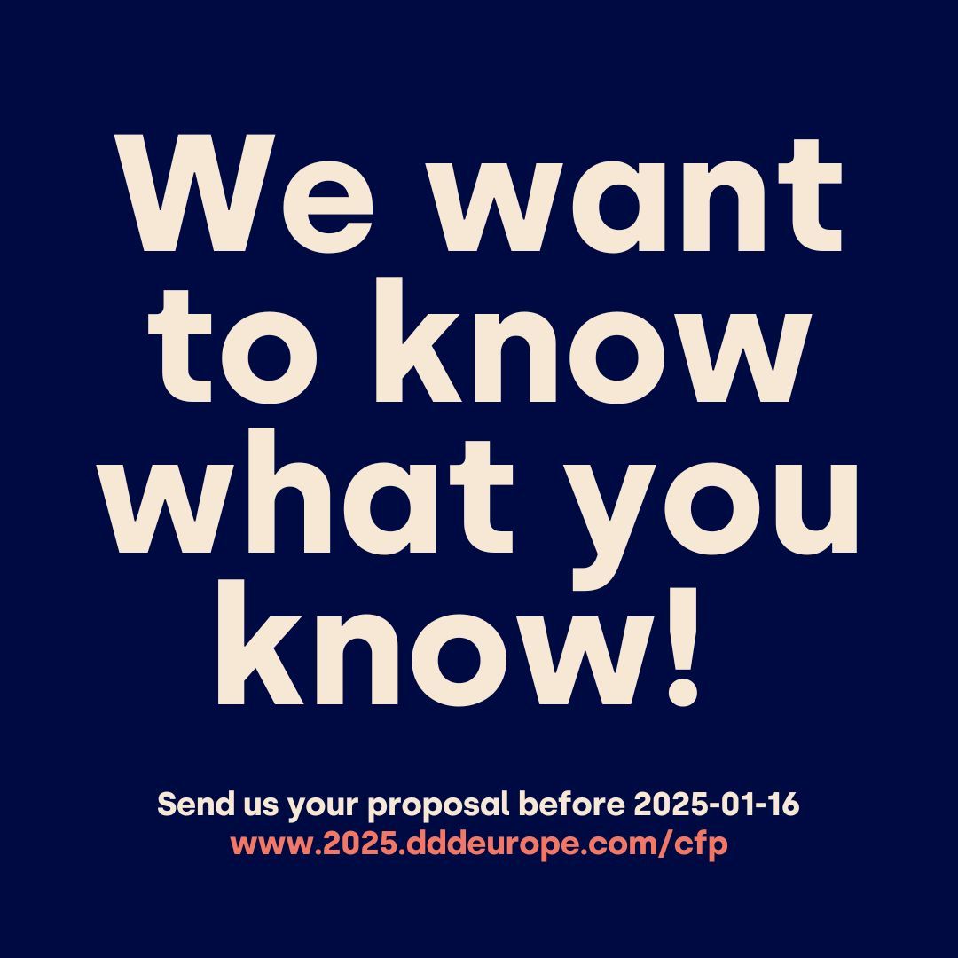 ddd_eu's tweet image. ⏰ The Call for Proposals ends this Thursday. We like insights in modelling complex problems, solving tricky design problems, patterns, methods, hands-on labs where participants experience i.
Submit now: buff.ly/3YgXwSQ