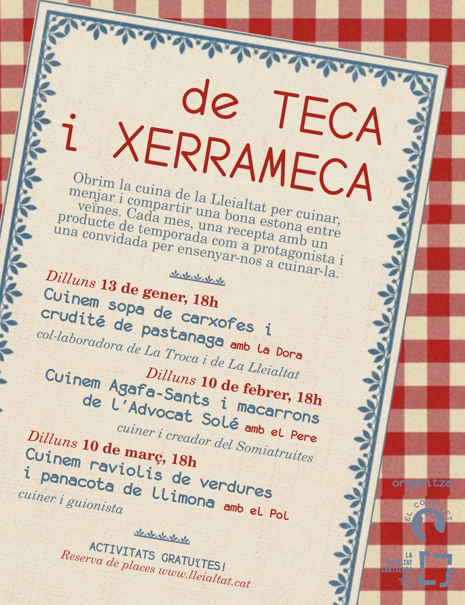 🍝 Aquest dilluns vam engegar un altre trimestre del de Teca i Xerrameca amb carxofes! I encara ens queden dues sessions potentíssimes! Al febrer amb el Pere recuperant receptes de l'oblit. I al març amb el Pol i els seus plats italians.

🖇️ lleialtat.cat/detecaixerrame…