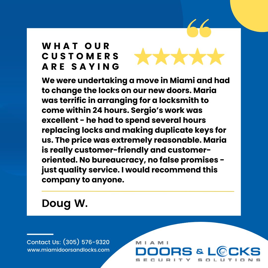 MiamiDoorsLock's tweet photo. ⭐⭐⭐⭐⭐
Whoa! Serving clients like you is always a pleasure, Doug, and we're thrilled to hear that you're satisfied with the services. 

#happyclient #reviews #testimonials https://t.co/HsbTaLB5nW