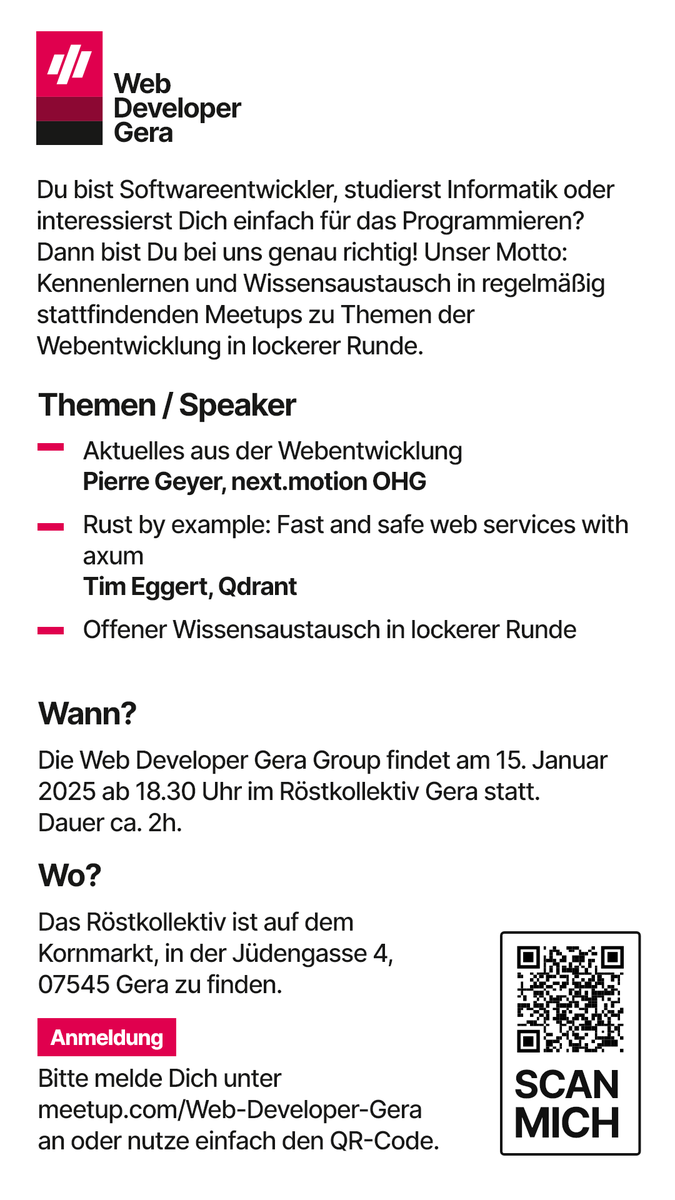 Die nächste Runde der Web Developer Gera steht vor der Tür: Schon morgen, am 15. Januar 2025 sind wir zu Gast im Röstkollektiv in Gera! Komm vorbei, nimm teil, wir freuen uns auf Dich! 

meetup.com/de-DE/web-deve…