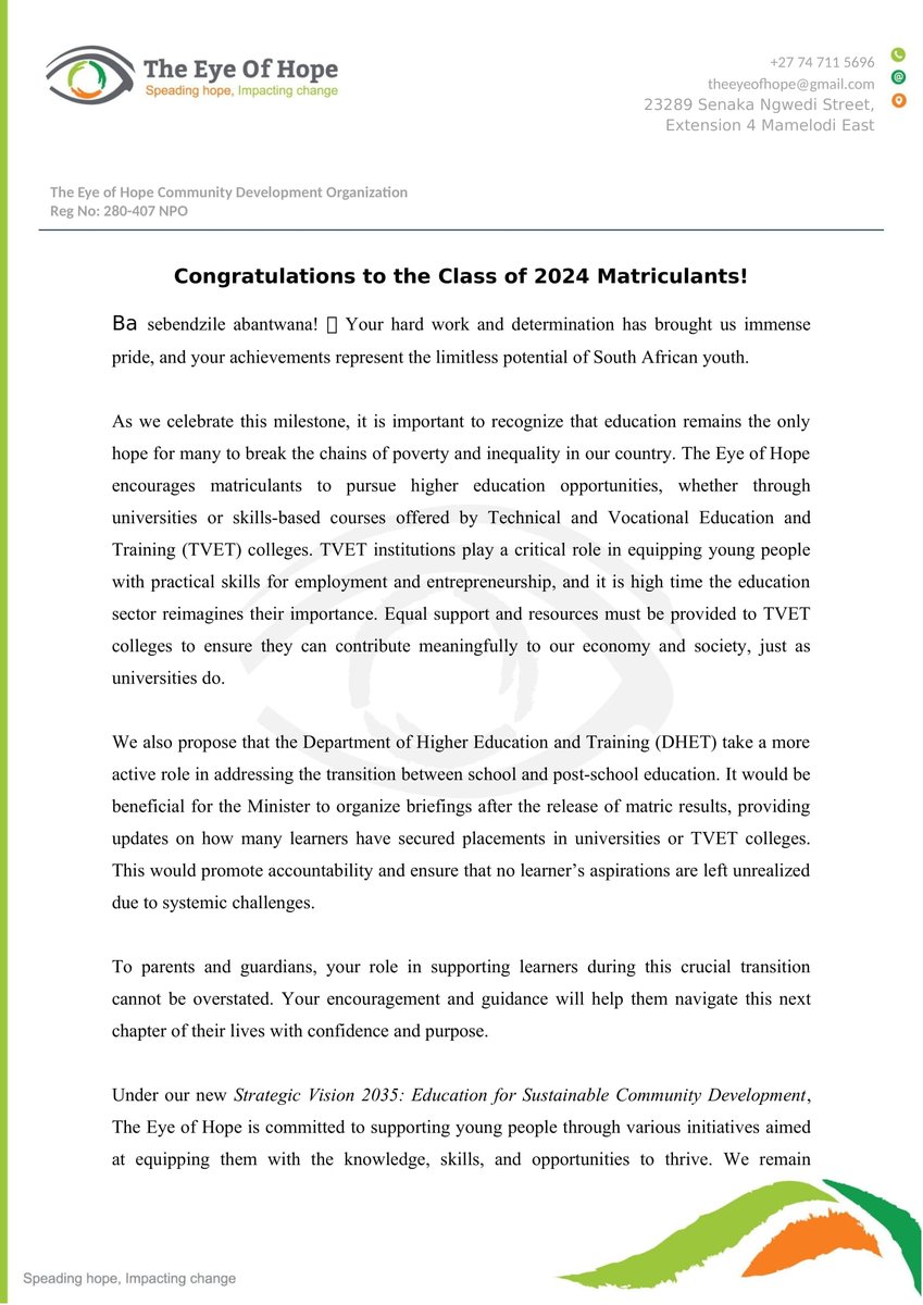 theeyeofhope's tweet photo. Matric Statement | Proposal to the DHET 🤍🧡💚
Congratulations to the Class of 2024.

#SpreadingHope #ImpactingChange #Congratulations https://t.co/6LLpjGrk3G