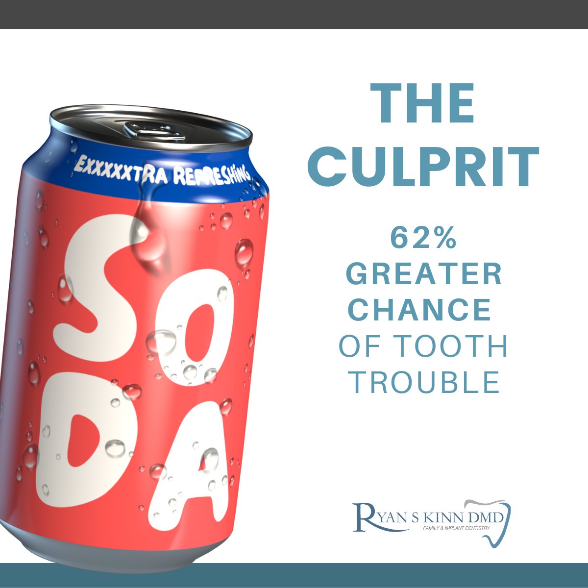FostoriaDentist's tweet image. Soda lovers, we need to talk. 😬 Drinking 3+ cans daily increases your risk of tooth decay by 62%! Swap one out for water—your teeth (and Dr. Kinn) will thank you. 🥤🚫 #ToothTips