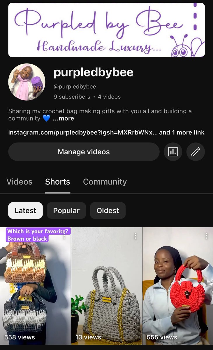 purpledbybee's tweet photo. Opened my YouTube channel Feb last year to post crochet bag tutorials but just starting fully now. Kindly subscribe 🙏 https://t.co/lT0ZUenAMK