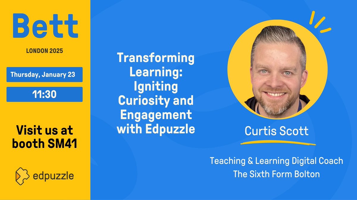 daveyweston's tweet photo. 📣 Bett Global speaker news! 

The awesome Curtis Scott will be sharing how @edpuzzle has been helping ignite curiosity and engagement at The Sixth Form Bolton.
   
Stand SM41 @ 11.30am on Thursday 23rd. 

#edutwitter #videolearning #bett2025 https://t.co/w96siWaoiN
