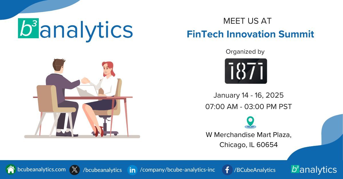 BCubeAnalytics's tweet image. Meet us at the Fintech Innovation Summit, January 14-16, 2025 at 1871 Labs in Chicago and discover how we can help transform your business through innovative compliance solutions. #BCube is one of the 1871 Labs Fintech Cohort 2024. @1871tech #FinTech #InnovationSummit #1871Tech