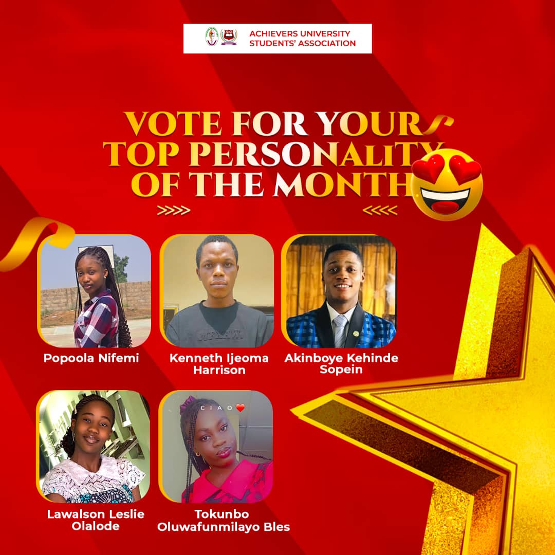 achieversSMC's tweet photo. Who will emerge as our Top Personality of the Month?🤔

The race is on, and the decision is in your hands Vote your favorite candidate in and let the excitement begin💃💃

#Toppersonality 
#Freshers 
#Achieversuniversity
#AUSA https://t.co/9hi9wRfOvJ