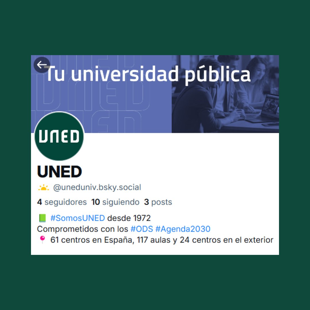 📣 La UNED ya tiene cuenta en Bluesky 🌌

👤 Síguenos en nuestro perfil oficial: 👉 @uneduniv

💙 ¡Nos vemos allí para compartir conocimiento y comunidad!

#SomosUNED