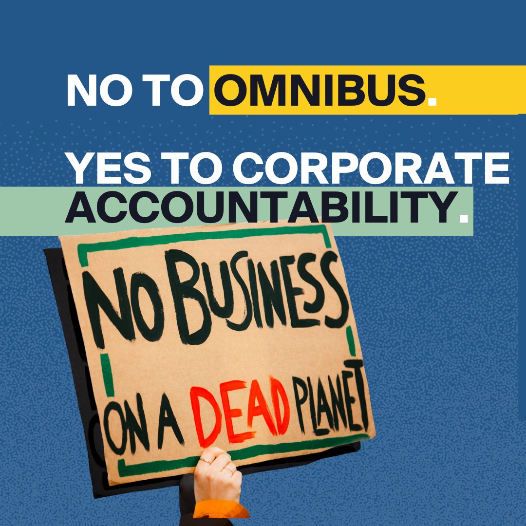 🚨Plus de 160 organisations de la société civile, syndicats et activistes disent #NoToOmnibus
Nous voulons une UE qui soit exemplaire en matière de protection des humains et de la planète. Affaiblir la #CSDDD, #CSRD &amp; #EUTaxonomy est une trahison faite aux engagements européens.