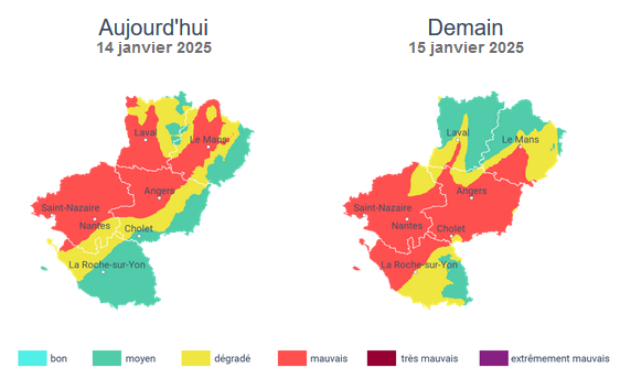 Prefet53's tweet photo. #PollutiondelAir ⚠️ Ce mardi 14 janvier, l'indice de la #qualitédelair sera dégradé 🟡 à mauvais 🔴 sur la majeure partie du département en raison des conditions atmosphériques stables et de la baisse des températures 🌡️❄️ qui favorisent l'augmentation des particules fines dans l'air.
Cette situation devrait s'améliorer demain pour la #Mayenne.
Retrouvez les recommandations sanitaires à suivre lors d'un épisode de #pollution de l'air 👇