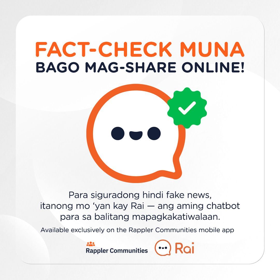 rapplerdotcom's tweet photo. Nakasagap ka ba ng update sa balita online? I-verify mo muna bago mo i-share! #AskRai. 👍
Puwede kang magtanong kay Rai sa Rappler Communities mobile app nang LIBRE:
🗣️ https://t.co/EjbNBvbyGC
Wala ka pang app? ‘Wag magpahuli — download here:
📱 iOS https://t.co/Y8jYTLx5fI
📱 Android https://t.co/IW3UxEUKSI
#AskRai #RapplerCommunities