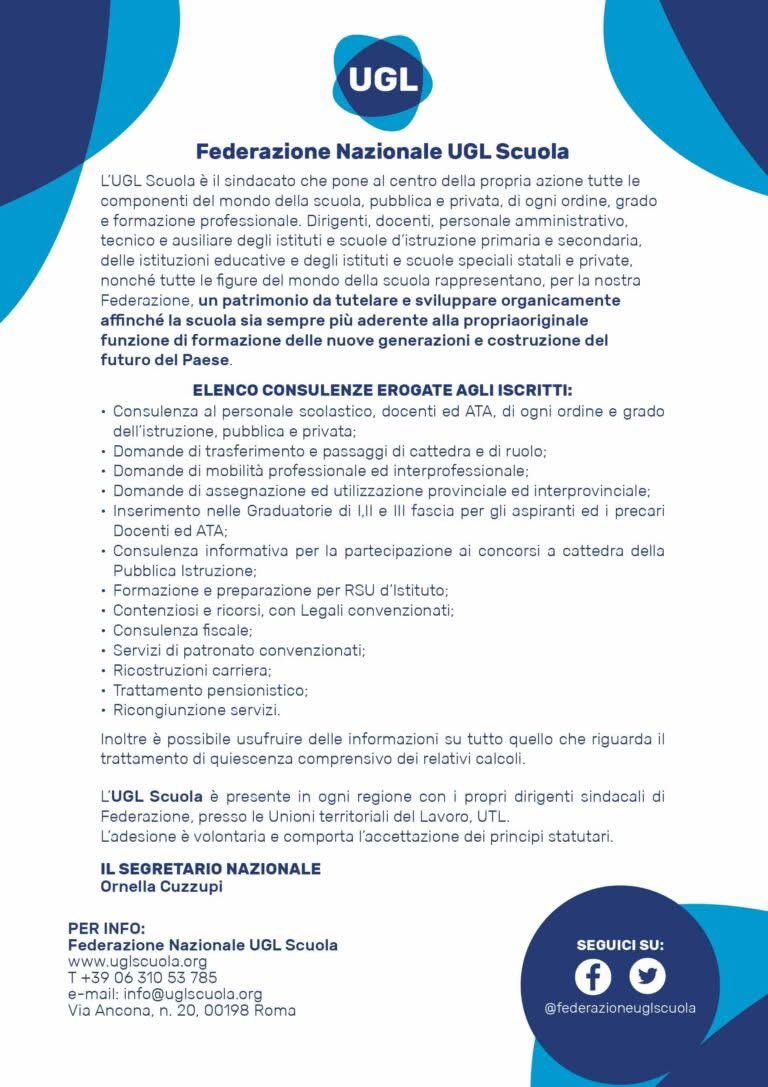 Vlarm94's tweet photo. 🌟 ENTRA NELLA GRANDE FAMIGLIA UGL SCUOLA! 🌟

📚 Sei un docente, un membro del personale ATA o amministrativo?
🔍 Hai bisogno di supporto per trasferimenti, mobilità, graduatorie o pensioni?
💡 Vuoi essere seguito da esperti nella gestione di concorsi, ricorsi e consulenze fiscali?

👉 UGL Scuola è qui per te con un'ampia gamma di servizi dedicati!
✅ Consulenza personalizzata per ogni aspetto della tua carriera scolastica.
✅ Supporto per domande di trasferimento e passaggi di ruolo.
✅ Preparazione per RSU d’Istituto.
✅ Servizi di patronato, ricostruzioni carriera e tanto altro!

📞 Contattaci ora!
📧 Email: info@uglscuola.org
🌐 Sito web: https://t.co/AR8oSr5iwX
📍 Sede principale nazionale: Via Ancona, n. 20, 00198 Roma.
🏢 Sedi provinciali: Presenti in ogni provincia per offrirti supporto vicino a casa tua.

🔗 Scopri tutti i vantaggi di essere un nostro iscritto e unisciti a noi per costruire insieme il futuro della scuola! 🏫✨

#UGLScuola #Sindacato #Docenti #ATA #ScuolaPubblica #ScuolaPrivata #ConsulenzaScuola #UnitiPerIlFuturo