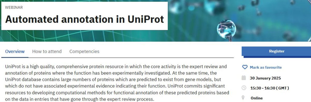 UniProt (@uniprot) on Twitter photo 🎓UniProt Webinar💻
Join us for our next webinar; Automated annotation in UniProt, 15.30 (GMT), 30th Jan.
Learn how computational methods for functional annotation enrich UniProt data
Registration is free but essential.
lnkd.in/eeB2X_v7
<a href="/EBItraining/">EMBL-EBI Training</a> 🎓UniProt Webinar💻
Join us for our next webinar; Automated annotation in UniProt, 15.30 (GMT), 30th Jan.
Learn how computational methods for functional annotation enrich UniProt data
Registration is free but essential.
lnkd.in/eeB2X_v7
<a href="/EBItraining/">EMBL-EBI Training</a>