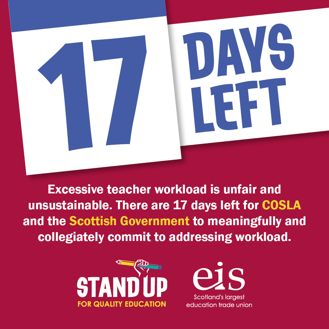 EISUnion's tweet photo. Excessive teacher workload is unfair, unhealthy and unsustainable.  

"It does have a negative impact on my own kids, the amount of time I've spent at weekends being in the same house but doing schoolwork." - Primary teacher  

There are 17 days left for COSLA and the Scottish Government to meaningfully and collegiately commit to addressing workload.