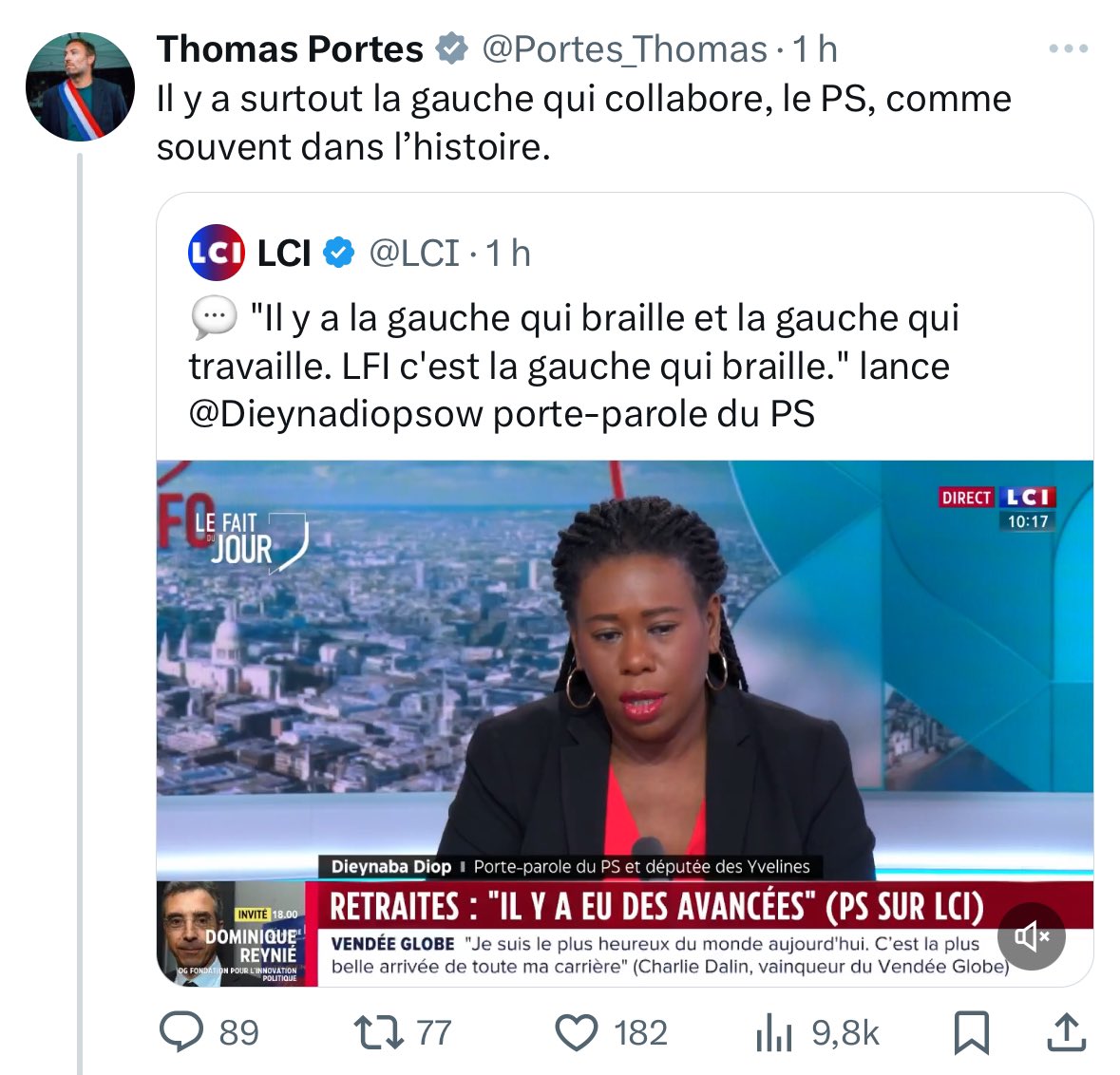 Accoutumé du fait, <a href="/Portes_Thomas/">Thomas Portes</a> mêle immondice et désinformation en assimilant le Parti socialiste et la participation à la collaboration avec un régime nazi. Il déshonore ceux qui l'ont élu et sa fonction.