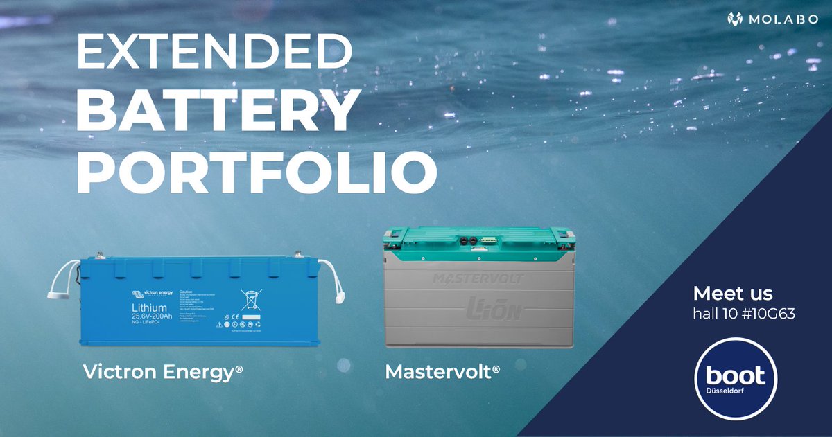 ⚡ More Power, More Choices! 
MOLABO expands its battery portfolio!

🔋 Mastervolt® – Ultra-compact, high-performance LFP batteries from 24–60 kWh for maximum power density.

🔋 Victron Energy® – Budget-friendly LFP batteries up to 135 kWh for large vessels and long-range needs.
