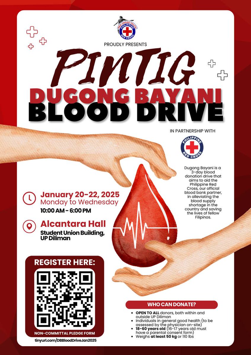 UPRCY's tweet photo. 1/4 PINTIG: Dugong BAYANI Blood Donation Drive ⛑️🩸is a 3-day blood donation drive that aims to aid the Philippine Red Cross, our official blood bank partner, in alleviating the blood supply shortage in the country and saving the lives of fellow Filipinos. https://t.co/UvWzfWv6Fp