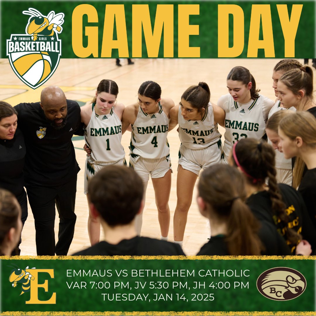 Emmaus High School Girls Basketball (@ehsgbb) on Twitter photo The 13-1 Emmaus Hornets visit Bethlehem Catholic to take on the 8-6 Lady Hawks in tripleheader action!!!
🚩Bethlehem Catholic High School (2133 Madison Ave, Bethlehem, PA 18017)
🗓️Tuesday, 1/14/2025, Varsity 7:00PM, JV 5:30PM, JH 4:00PM
🎟️Cash at door
📺<a href="/SENetworkTV/">Service Electric Network</a> Service The 13-1 Emmaus Hornets visit Bethlehem Catholic to take on the 8-6 Lady Hawks in tripleheader action!!!
🚩Bethlehem Catholic High School (2133 Madison Ave, Bethlehem, PA 18017)
🗓️Tuesday, 1/14/2025, Varsity 7:00PM, JV 5:30PM, JH 4:00PM
🎟️Cash at door
📺<a href="/SENetworkTV/">Service Electric Network</a> Service