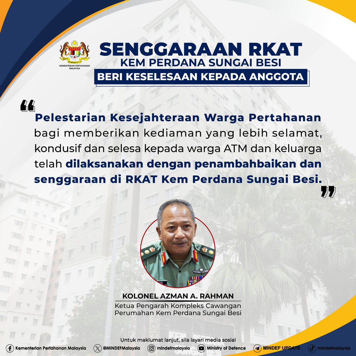 MINDEFMalaysia's tweet photo. Penyelenggaraan Rumah Keluarga Angkatan Tentera (RKAT) Kem Perdana Sungai Besi dapat memberikan keselesaan kepada penghuninya serta mempunyai persekitaran yang selamat dan kondusif.
#MindefMalaysia
#MindefUpdate
#KebajikanAnggotaATM
#RKAT https://t.co/ttxVPSaNqX