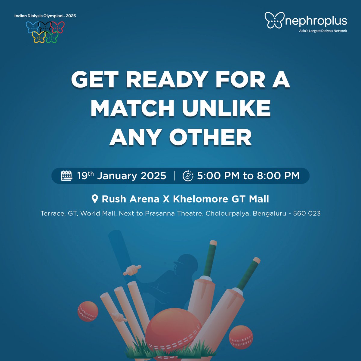 nephroplus's tweet photo. Ready to hit a six? A thrilling match awaits! The Indian Dialysis Olympiad is coming to Rush Arena X Khelomore GT Mall! Join us for a day of sports, fun, and camaraderie. Stay tuned to Elevate Your Game! 💥🔥
#NephroPlus #WillToWin #Dialysis #GameOnLifeOn #IDO2025 #boxcricket https://t.co/aH3VcVULPg