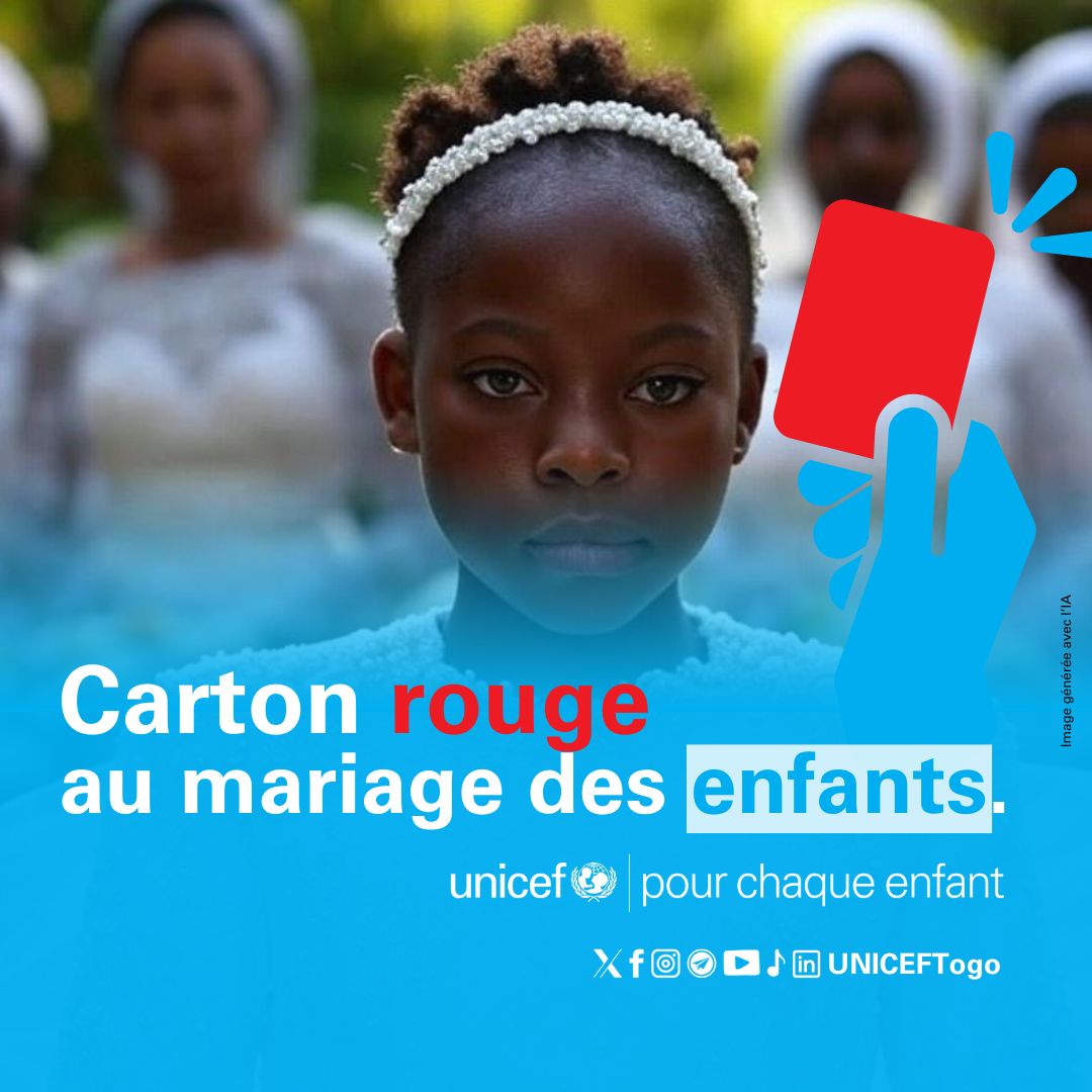 Unicef_Togo's tweet photo. Le #mariage précoce prive les #enfants, en particulier   les #filles, de leur droit à :
👉l'éducation👩‍🎓
👉la santé ⚕️
👉la protection et de jouir pleinement de
👉leur enfance 💙
#PourChaqueEnfant, ses droits #EndChildMariage   #NonAuxMariagesPrécoces #EndFGM #GenerationEgalite https://t.co/05d4ind7dM