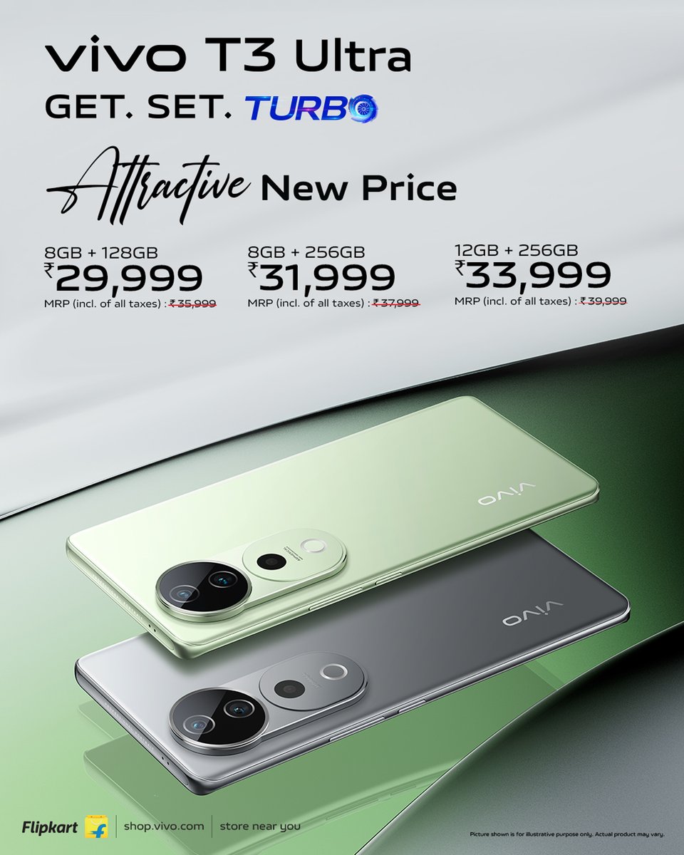 ZionsAnvin's tweet photo. Vivo T3 Pro and Vivo T3 Ultra price slashed by Rs 2,000. Here are the revised prices:
Vivo T3 Pro
- 8GB+128GB: Rs 22,999
- 8GB+256GB: Rs 24,999
Vivo T3 Ultra
- 8GB+128GB: Rs 28,999
- 8GB+256GB: Rs 31,999
- 12GB+256GB: Rs 33,999
#Vivo #VivoT3Pro #VivoT3Ultra https://t.co/Q9MOjlgxN3