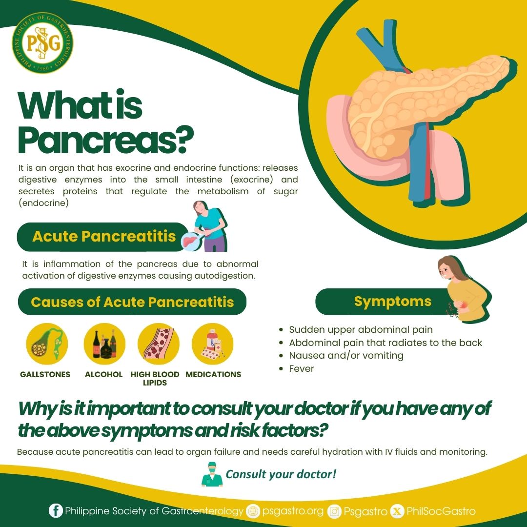 PhilSocGastro's tweet photo. What’s the pancreas, and why does it matter? 

⚠️ Don’t ignore the signs—severe abdominal pain, nausea, fever—know the risks and act fast.

Consult your Gastroenterologist to know more!🩺
Please follow, like, and share

#PSG #PSGCares #PhilippineSocietyOfGastroenterology https://t.co/D1R9nYgzwk
