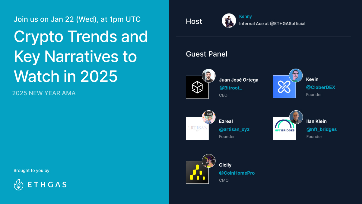 🌟 Join Us for an AMA on Crypto Trends in 2025! 🌟  

📅 Date &amp; Time: January 22 (Wed), 1 PM UTC
🗣️ Topic: Crypto Trends and Key Narratives to Watch in 2025
🔗: x.com/i/spaces/1rmGP… 

 ✨ Special Guests
Juan José Ortega - CEO <a href="/Bitroot_/">Bitroot</a> 
Kevin - Founder <a href="/CloberDEX/">Clober | Fully on-chain CLOB DEX</a> 
Ezreal-