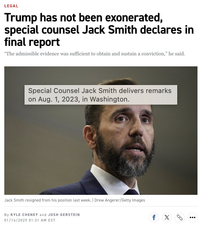 kyledcheney's tweet photo. NEW: Special counsel Jack Smith used his final report to say Trump is not exonerated for his "unprecedented criminal effort" to retain power in 2020. 

He's only off the hook because he won, Smith said. 

w/ @joshgerstein 

https://t.co/C36sAfaszl https://t.co/gTwQb5nbAR