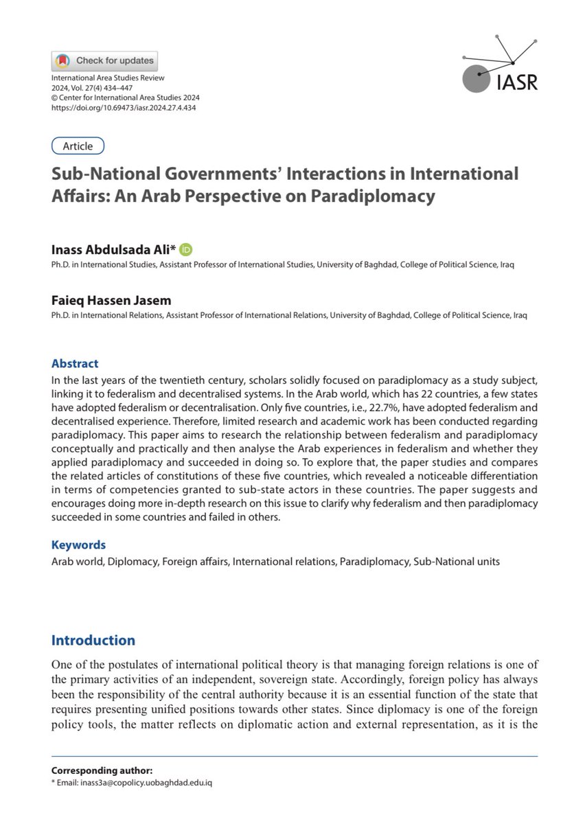 📬 As far as I know this is the first work offering a systematic overview of #paradiplomacy in the Arab world: iasr.or.kr/_PR/view/?aidx… Congrats to authors! 🪴