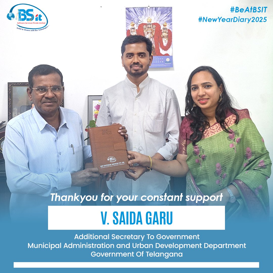 bsitsoftware's tweet photo. Honored to present our New Year Diary 2025 to V. Saida Garu, Additional Secretary, Govt. of Telangana! Thank you for your unwavering support & guidance #BSITSuccess #TelanganaGovernment #Leadership #diarydistribution #corporate #corporatelife #corporateevents #corporategifts https://t.co/GAZ4YuuKbX