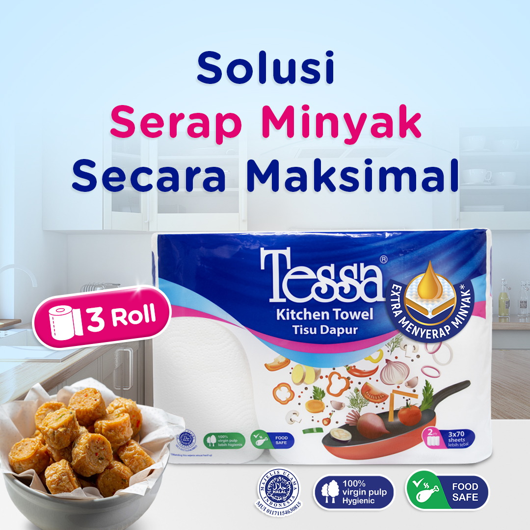 Siapa bilang tisu gak bisa bantu serap minyak dengan maksimal? Tessa Kitchen Towel siap jadi sahabat di meja makan! Dengan extra menyerap minyak,Tessa pastikan gorengan tetap crispy tanpa khawatir. Dapatkan juga 3 Roll dalam satu kemasan, lebih praktis!