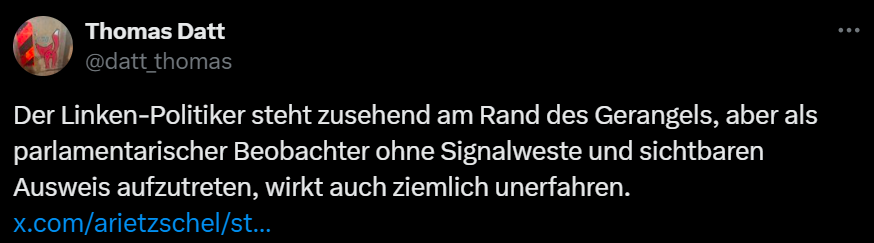 herderpark's tweet photo. Eine #Warnweste hat den gleichen Wert wie Sebastian Webers "Presseausweis", null. Das weiß Thomas Datt. Unverständlich, dass er dennoch Victim blaming betreibt.

Das Fehlverhalten verortet sich auf Seiten vom #Polizeiproblem und ist alles andere als ungewohnt.

#riesa #rie1101 https://t.co/v1a8V20dFQ