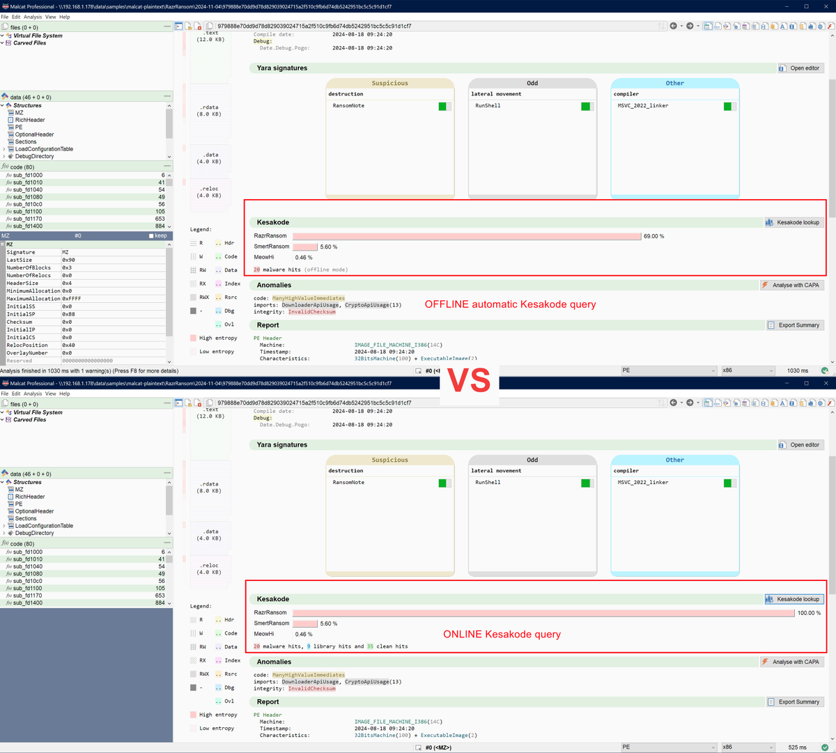 malcat4ever's tweet image. In the next version of #malcat, we will include an _offline_ smaller #kesakode database which will only contain conflict-free malware signatures.
This will be fast and run with every analysis. You can always get the full deal (clean + lib) afterwards with an online query.