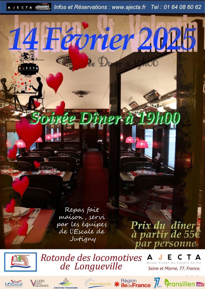 ajecta_asso's tweet image. Nous vous proposons de fêter la St Valentin dans un cadre unique.
Dînez à bord de nos voitures classées monuments historique (voiture restaurant et Pullman).
Réservations : ajecta.fr/?page_id=6728