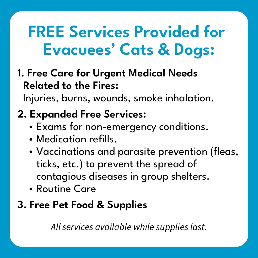 campclinics's tweet photo. 🚨 FREE VET CARE FOR PETS AFFECTED BY THE LA WILDFIRES 🚑 🐾 🩺 

#StaySafeLA #PalisadesFire #EatonCanyonFire #LosAngeles #disasterrelief #freepetcare #petsupplies https://t.co/FSlcRHBKdB