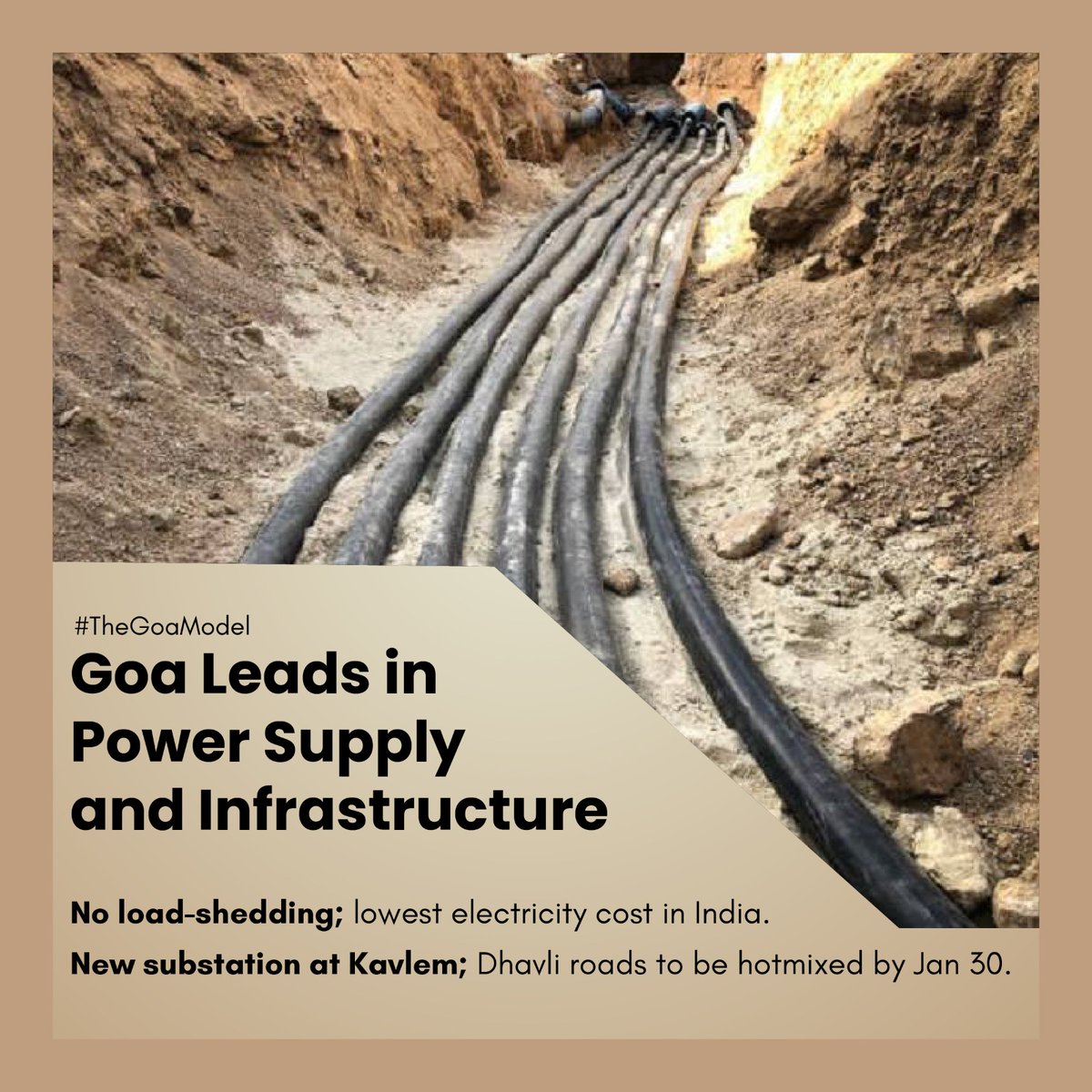 The_GoaModel's tweet image. Goa powers ahead! No load-shedding &amp;amp; lowest electricity costs in India. New Kavlem substation &amp;amp; Dhavli roads hotmixed by Jan 30. Progress continues!

#TheGoaModel #GoaDevelopment
#GoaPower