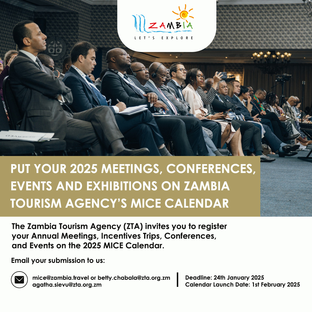 TourismZambia's tweet image. Get your meetings, conferences, or exhibitions featured on the Zambia Tourism Agency's 2025 Events Calendar! Showcase your event to a global audience  and support Zambia's business tourism sector. Register today! 
 #explorezambia #ZambiaTourism #BusinessTourism #ZambiaEvents